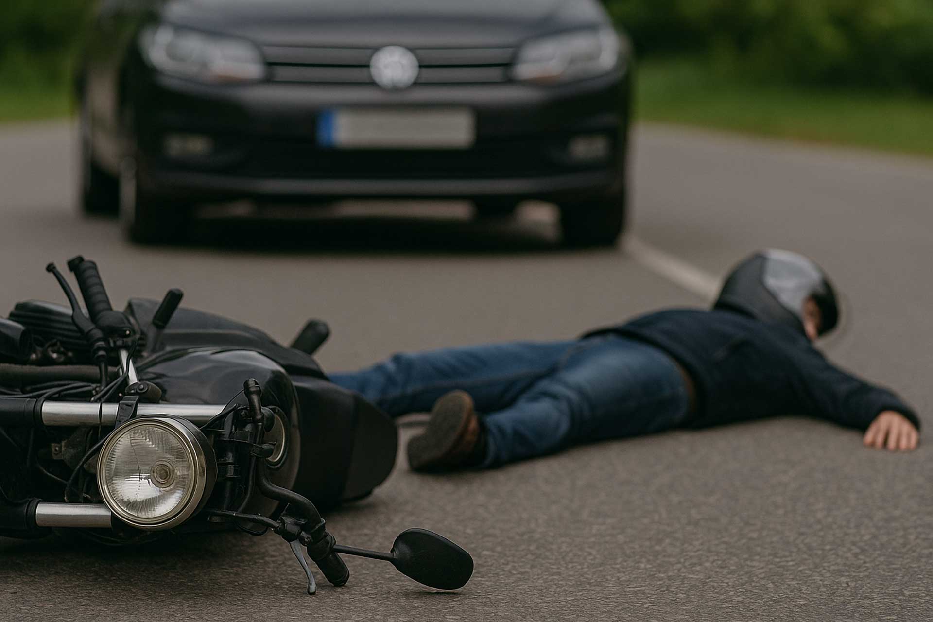 person lying on ground next to motorcycle with car in background.